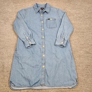 Lee Denim Shirt Dress Womens Large Midi Button Front Country Cowgirl Blue Pocket